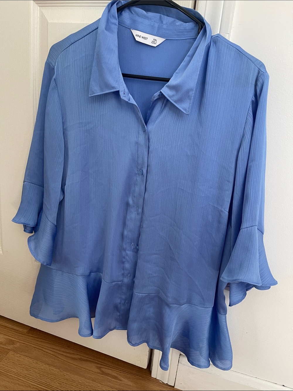 Nine West Periwinkle Button-Front Blouse with Ruffle Hem